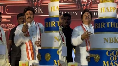 Balakrishna cut a three-tiered birthday cake and was spotted flipping the knife. Balakrishna cut a three-tiered birthday cake and was spotted flipping the knife.