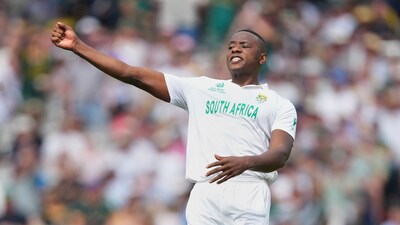 Kagiso Rabada celebrates after taking two wickets in the same over to get the innings going for South Africa, removing Usman Khawaja and Cameron Green in the space of three deliveries. Rabada took a five-fer in the first innings, and his strong performance continued on day two. (AP) Kagiso Rabada celebrates after taking two wickets in the same over to get the innings going for South Africa, removing Usman Khawaja and Cameron Green in the space of three deliveries. Rabada took a five-fer in the first innings, and his strong performance continued on day two. (AP)