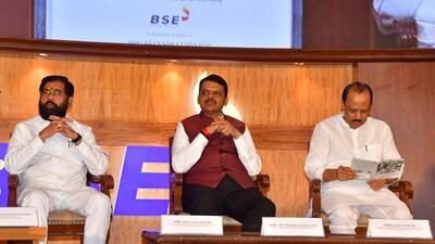 Mumbai, India – 10, June 2025: Chief Minister of Maharashtra, Devendra Fadnavis, Deputy Chief Minister of Maharashtra Shri. Eknath Shinde, and Deputy Chief Minister of Maharashtra Ajit Pawar during the Pimpri Chinchwad Municipal Corporation Listing Ceremony of Green Municipal Bond – Secured NCDs, at BSE, , in Mumbai, India, on Tuesday, June 10, 2025. (Photo by Bhushan Koyande/HT Photo) Mumbai, India – 10, June 2025: Chief Minister of Maharashtra, Devendra Fadnavis, Deputy Chief Minister of Maharashtra Shri. Eknath Shinde, and Deputy Chief Minister of Maharashtra Ajit Pawar during the Pimpri Chinchwad Municipal Corporation Listing Ceremony of Green Municipal Bond – Secured NCDs, at BSE, , in Mumbai, India, on Tuesday, June 10, 2025. (Photo by Bhushan Koyande/HT Photo)