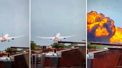 Ahmedabad: In this combo of images, a London-bound Air India plane crashes moments after taking off from the Ahmedabad airport, Thursday, June 12. (PTI) Ahmedabad: In this combo of images, a London-bound Air India plane crashes moments after taking off from the Ahmedabad airport, Thursday, June 12. (PTI)