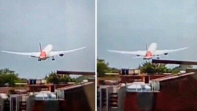 Ahmedabad: In this combo of images, a London-bound Air India plane crashes moments after taking off from the Ahmedabad airport, Thursday, June 12. (PTI)