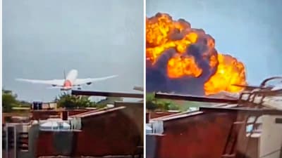 The Boeing 787 Dreamliner aircraft (AI171) could be seen from afar, losing altitude rapidly and crashing in a ball of fire that sent plumes of thick black smoke spiralling up in the air. (PTI) The Boeing 787 Dreamliner aircraft (AI171) could be seen from afar, losing altitude rapidly and crashing in a ball of fire that sent plumes of thick black smoke spiralling up in the air. (PTI)