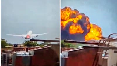 In this combo of images, a London-bound Air India plane crashes moments after taking off from the Ahmedabad airport on Thursday (PTI) In this combo of images, a London-bound Air India plane crashes moments after taking off from the Ahmedabad airport on Thursday (PTI)