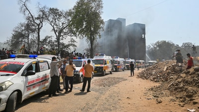Following the crash, the situation at the Ahmedabad Civil Hospital was reported to be critical. (PTI) Following the crash, the situation at the Ahmedabad Civil Hospital was reported to be critical. (PTI)