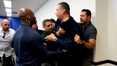 U.S. Senator Alex Padilla (D-CA), who interrupted the press conference held by U.S. Secretary of Homeland Security Kristi Noem, is removed from the venue, in Los Angeles, California, U.S., June 12, 2025. (REUTERS)