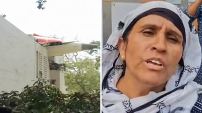 Ramilaben told ANI that her son narrowly escaped as the plane's fuselage landed on his hostel building (X/@ANI) Ramilaben told ANI that her son narrowly escaped as the plane's fuselage landed on his hostel building (X/@ANI)