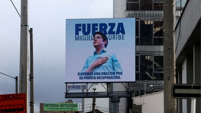 n image of Colombian Senator Miguel Uribe Turbay of the opposition Democratic Center party is displayed, after he was shot during a campaign event, in Bogota, Colombia (Reuters ) n image of Colombian Senator Miguel Uribe Turbay of the opposition Democratic Center party is displayed, after he was shot during a campaign event, in Bogota, Colombia (Reuters )