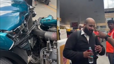 The incident reportedly took place outside a petrol pump in the city, where a car and a two-wheeler collided. (X/@Incognito_qfs) The incident reportedly took place outside a petrol pump in the city, where a car and a two-wheeler collided. (X/@Incognito_qfs)