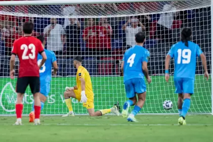 The moment it all went south. India watch Hong Kong's Pereira Stefan's penalty-kick go in. (AIFF) The moment it all went south. India watch Hong Kong's Pereira Stefan's penalty-kick go in. (AIFF)
