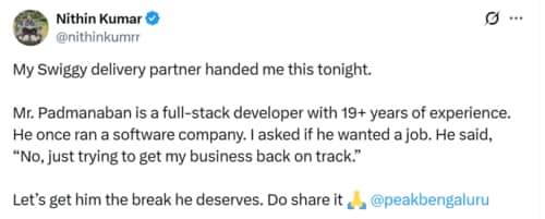 X user who posted about an ex-entrepreneur who delivers for Swiggy. (X/@nithinkumrr) X user who posted about an ex-entrepreneur who delivers for Swiggy. (X/@nithinkumrr)