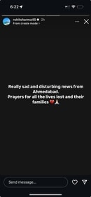 Rohit Sharma's Instagram story on Air India plane crash Rohit Sharma's Instagram story on Air India plane crash