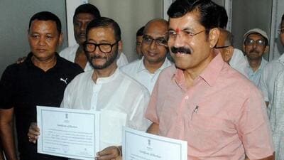 Asom Gana Parishad’s Birendra Prasad Baishya and BJP’s Kanad Purkayastha (right) after being declared elected unopposed in the Rajya Sabha elections (X/Habib_M_C) Asom Gana Parishad’s Birendra Prasad Baishya and BJP’s Kanad Purkayastha (right) after being declared elected unopposed in the Rajya Sabha elections (X/Habib_M_C)