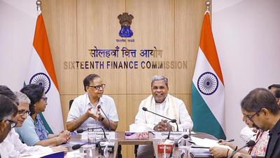Karnataka Chief minister Siddaramaiah with Arvind Panagariya, chairperson of the 16th Finance Commission, and other officials in New Delhi on Friday. (PTI)