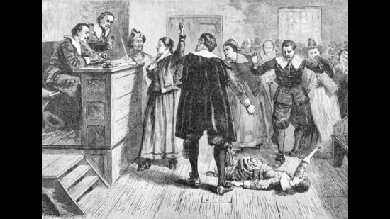 Undated engraving entitled "WITCHCRAFT AT SALEM VILLAGE". (Bettmann Archive/Getty)
