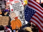 People take part in a "No Kings" protest at City Hall in Los Angeles, California, People take part in a "No Kings" protest at City Hall in Los Angeles, California,
