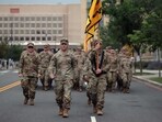 U.S. Army soldiers march in formation as they conduct drills ahead of tomorrow's 250th anniversary parade on June 13, 2025 in Washington, DC.  (Photo by Kayla Bartkowski / GETTY IMAGES NORTH AMERICA / Getty Images via AFP)