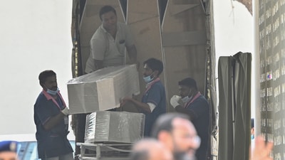 Coffins were brought to the mortuary where the victims of the Air India plane crash are being identified through DNA testing (PTI) Coffins were brought to the mortuary where the victims of the Air India plane crash are being identified through DNA testing (PTI)