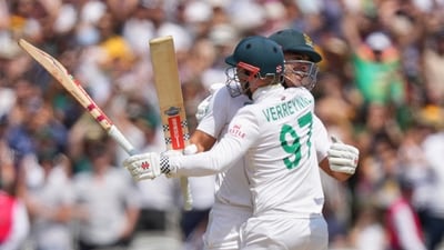 South Africa's David Bedingham, left, and Kyle Verreynne celebrate after their win (AP)