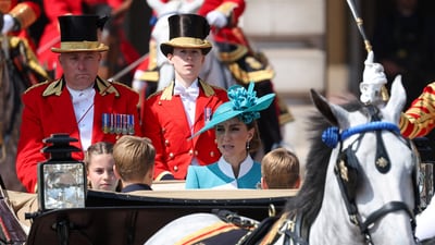 Britain's Catherine, Princess of Wales, Princess Charlotte, Prince George and Prince Louis ride in a carriage, as part of the Trooping the Colour parade to honour Britain's King Charles on his official birthday in London, Britain, June 14, 2025. REUTERS/Toby Melville (REUTERS)