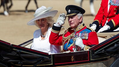 Britain's King Charles and Queen Camilla ride a carriage as part of the Trooping the Colour parade which honours King Charles on his official birthday, in London, Britain, June 14, 2025. REUTERS/Isabel Infantes (REUTERS)