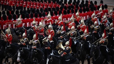 Members of the Household Cavalry Band take part in the Colonel's Review on Horse Guards Parade in London on June 7, 2025 ahead of The King's Birthday Parade. The Colonel's Review is the final evaluation of the parade before it goes before Britain's King Charles III during the Trooping of the Colour on June 14. (Photo by HENRY NICHOLLS / AFP) (AFP)