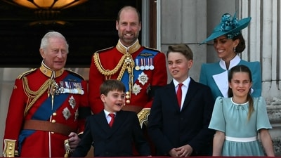 (L to R) Britain's King Charles III, Britain's Prince William, Prince of Wales, Britain's Prince Louis of Wales, Britain's Prince George of Wales, Britain's Catherine, Princess of Wales and Britain's Princess Charlotte of Wales, smile whilst standing on the balcony of Buckingham Palace after attending the King's Birthday Parade "Trooping the Colour" in London on June 14, 2025. The ceremony of Trooping the Colour is believed to have first been performed during the reign of King Charles II. Since 1748, the Trooping of the Colour has marked the official birthday of the British Sovereign. Over 1500 parading soldiers and almost 300 horses take part in the event. (Photo by Ben STANSALL / AFP) (AFP) (L to R) Britain's King Charles III, Britain's Prince William, Prince of Wales, Britain's Prince Louis of Wales, Britain's Prince George of Wales, Britain's Catherine, Princess of Wales and Britain's Princess Charlotte of Wales, smile whilst standing on the balcony of Buckingham Palace after attending the King's Birthday Parade "Trooping the Colour" in London on June 14, 2025. The ceremony of Trooping the Colour is believed to have first been performed during the reign of King Charles II. Since 1748, the Trooping of the Colour has marked the official birthday of the British Sovereign. Over 1500 parading soldiers and almost 300 horses take part in the event. (Photo by Ben STANSALL / AFP) (AFP)