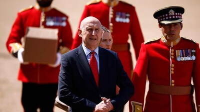 Britain's Defence Secretary John Healey arrives on Horse Guards Parade for the King's Birthday Parade, "Trooping the Colour", in London on June 14, 2025. The ceremony of Trooping the Colour is believed to have first been performed during the reign of King Charles II. Since 1748, the Trooping of the Colour has marked the official birthday of the British Sovereign. Over 1500 parading soldiers and almost 300 horses take part in the event. (Photo by BENJAMIN CREMEL / AFP) (AFP)