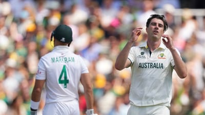 Pat Cummins reacts during Australia's bowling effort against South Africa. Aiden Markram scored 136 to guide the Proteas home. (AP) Pat Cummins reacts during Australia's bowling effort against South Africa. Aiden Markram scored 136 to guide the Proteas home. (AP)