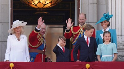 From the left, King Charles, Queen Camilla, Prince William Prince Louis , Prince George, Kate Princess of Wales and Princess Charlott on the balcony of Buckingham Palace during Trooping the Colour in London, Saturday, June 14, 2025. (AP Photo/Alberto Pezzali) (AP) From the left, King Charles, Queen Camilla, Prince William Prince Louis , Prince George, Kate Princess of Wales and Princess Charlott on the balcony of Buckingham Palace during Trooping the Colour in London, Saturday, June 14, 2025. (AP Photo/Alberto Pezzali) (AP)