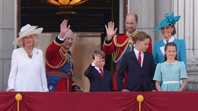 From the left, Queen Camilla, King Charles, Prince William Prince Louis , Prince George, Kate Princess of Wales and Princess Charlott on the balcony of Buckingham Palace during Trooping the Colour in London, Saturday, June 14, 2025. (AP Photo/Alberto Pezzali) (AP) From the left, Queen Camilla, King Charles, Prince William Prince Louis , Prince George, Kate Princess of Wales and Princess Charlott on the balcony of Buckingham Palace during Trooping the Colour in London, Saturday, June 14, 2025. (AP Photo/Alberto Pezzali) (AP)