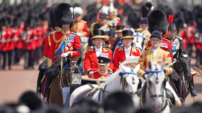 Prince William, left rides in the Royal Procession down the Mall during the Trooping the Colour in London, Saturday, June 14, 2025, the prince is wearing a black armband as a mark of respect to the victims of the Air India plane crash.(AP Photo/Alberto Pezzali) (AP) Prince William, left rides in the Royal Procession down the Mall during the Trooping the Colour in London, Saturday, June 14, 2025, the prince is wearing a black armband as a mark of respect to the victims of the Air India plane crash.(AP Photo/Alberto Pezzali) (AP)