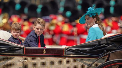 Kate, Princess of Wales with her two sons Prince George, centre and Prince Louis look at the crowds as they ride in a carriage during Trooping the Colour in London, Saturday, June 14, 2025. (AP Photo/Alberto Pezzali) (AP) Kate, Princess of Wales with her two sons Prince George, centre and Prince Louis look at the crowds as they ride in a carriage during Trooping the Colour in London, Saturday, June 14, 2025. (AP Photo/Alberto Pezzali) (AP)
