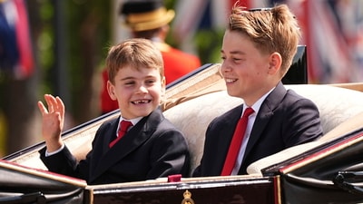 Britain's Prince Louis, left and Prince George leave Buckingham Palace ahead of Trooping the Colour, the king's annual birthday parade, in London, Saturday June 14, 2025. (Aaron Chown/PA via AP) (AP)