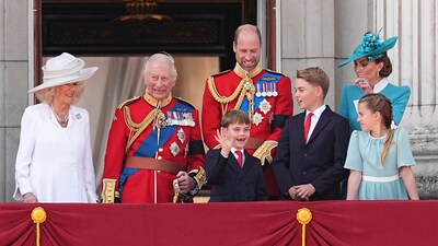 From left, Queen Camilla, King Charles III, Prince Louis, Prince William, Prince George, Kate Princess of Wales and Princess Charlotte on the balcony of Buckingham Palace, London, to view the flypast following, the Trooping the Colour ceremony in central London, as King Charles III celebrates his official birthday, Saturday June 14, 2025. (Aaron Chown/PA via AP) (AP) From left, Queen Camilla, King Charles III, Prince Louis, Prince William, Prince George, Kate Princess of Wales and Princess Charlotte on the balcony of Buckingham Palace, London, to view the flypast following, the Trooping the Colour ceremony in central London, as King Charles III celebrates his official birthday, Saturday June 14, 2025. (Aaron Chown/PA via AP) (AP)