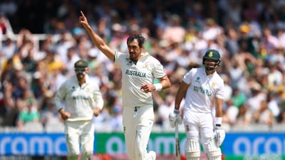 Mitchell Starc celebrates after bowling Tristan Stubbs through the gate. The Aussie removed his Delhi Capitals teammate, placing some stress on the proceedings for the Proteas. (Action Images via Reuters)
