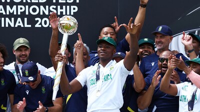 South Africa's Kagiso Rabada lifts the ICC Test Championship Mace after taking 9 wickets vs Australia. (Action Images via Reuters)