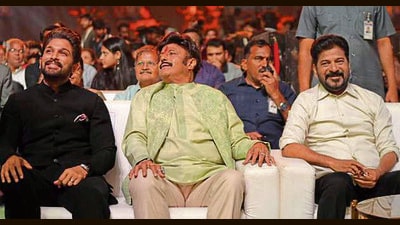 Chief minister Revanth Reddy with Allu Arjun and Balakrishna at the Telangana Gaddar Film Awards 2024 on Saturday. (HT Photo)