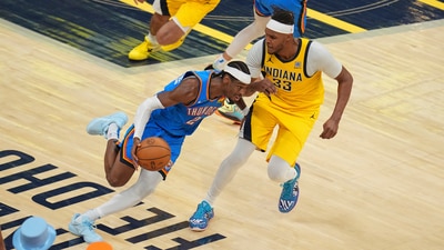Oklahoma City Thunder guard Shai Gilgeous-Alexander (2) drives past Indiana Pacers center Myles Turner (33) during the second half of Game 4 of the NBA Finals basketball series, Friday, June 13, 2025, in Indianapolis. (AP Photo/Michael Conroy) (AP) Oklahoma City Thunder guard Shai Gilgeous-Alexander (2) drives past Indiana Pacers center Myles Turner (33) during the second half of Game 4 of the NBA Finals basketball series, Friday, June 13, 2025, in Indianapolis. (AP Photo/Michael Conroy) (AP)