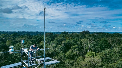 Pipes pump carbon into the air above a contained canopy, in an experiment underway in the Amazon rainforest in Brazil. (Courtesy AmazonFACE) Pipes pump carbon into the air above a contained canopy, in an experiment underway in the Amazon rainforest in Brazil. (Courtesy AmazonFACE)