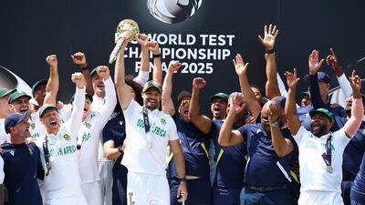 South Africa centurion Aiden Markram lifts the ICC Test Championship mace skipper Temba Bavuma (R) and other teammates after the win over Australia in the WTC Final at Lord’s on Saturday. (Reuters) South Africa centurion Aiden Markram lifts the ICC Test Championship mace skipper Temba Bavuma (R) and other teammates after the win over Australia in the WTC Final at Lord’s on Saturday. (Reuters)