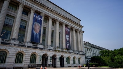 Images of US President Donald Trump and former US President Abraham Lincoln on the Department of Agriculture (USDA) building ahead of the US Army's 250th Anniversary Parade in Washington, DC, US, on Friday, June 13, 2025. Photographer: Eric Thayer/Bloomberg (Bloomberg) Images of US President Donald Trump and former US President Abraham Lincoln on the Department of Agriculture (USDA) building ahead of the US Army's 250th Anniversary Parade in Washington, DC, US, on Friday, June 13, 2025. Photographer: Eric Thayer/Bloomberg (Bloomberg)