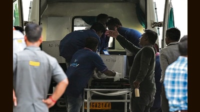 The bodies of passengers from the Air India crash were brought to a mortuary at the Ahmedabad civil hospital after identification for handover to their families. (Raju Shinde/HT Photo) The bodies of passengers from the Air India crash were brought to a mortuary at the Ahmedabad civil hospital after identification for handover to their families. (Raju Shinde/HT Photo)