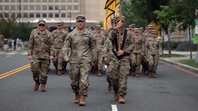U.S. Army soldiers march in formation as they conduct drills ahead of tomorrow's 250th anniversary parade on June 13, 2025 in Washington, DC. (Photo by Kayla Bartkowski / GETTY IMAGES NORTH AMERICA / Getty Images via AFP) (Getty Images via AFP) U.S. Army soldiers march in formation as they conduct drills ahead of tomorrow's 250th anniversary parade on June 13, 2025 in Washington, DC. (Photo by Kayla Bartkowski / GETTY IMAGES NORTH AMERICA / Getty Images via AFP) (Getty Images via AFP)