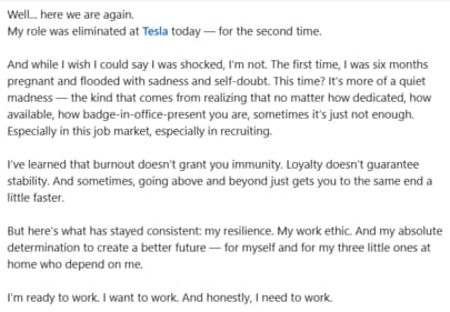 A woman's post on getting fired from Tesla for the second time. (Screengrab (LinkedIn)) A woman's post on getting fired from Tesla for the second time. (Screengrab (LinkedIn))