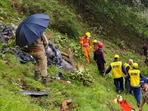 NDRF and SDRF personnel at the spot after a helicopter crashed near the Kedarnath shrine, in Rudraprayag district, Uttarakhand, Sunday, June 15