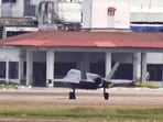 The  F-35 fighter jet is currently parked at the airport under tight security.