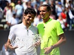 Taylor Fritz celebrates defeating Alexander Zverev men's singles final tennis match of the Stuttgart Open. (Marijan Murat/dpa via AP) Taylor Fritz celebrates defeating Alexander Zverev men's singles final tennis match of the Stuttgart Open. (Marijan Murat/dpa via AP)