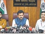 Union minister of civil aviation Ram Mohan Naidu (centre) at a press conference in New Delhi on Saturday. SANCHIT KHANNA/HT PHOTO Union minister of civil aviation Ram Mohan Naidu (centre) at a press conference in New Delhi on Saturday. SANCHIT KHANNA/HT PHOTO