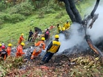 NDRF and SDRF personnel at the spot after a helicopter crashed near the Kedarnath shrine, in Rudraprayag district, Uttarakhand, Sunday, June 15.