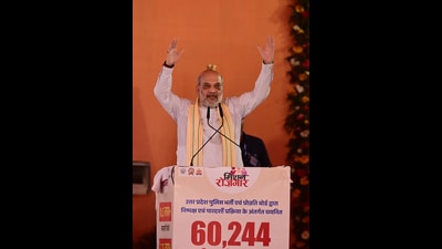 Amit Shah, who handed over appointment letters to 15 candidates during the event, reiterated his promise of eradicating Maoists by March 31, 2026. (Deepak Gupta/Hindustan Times)